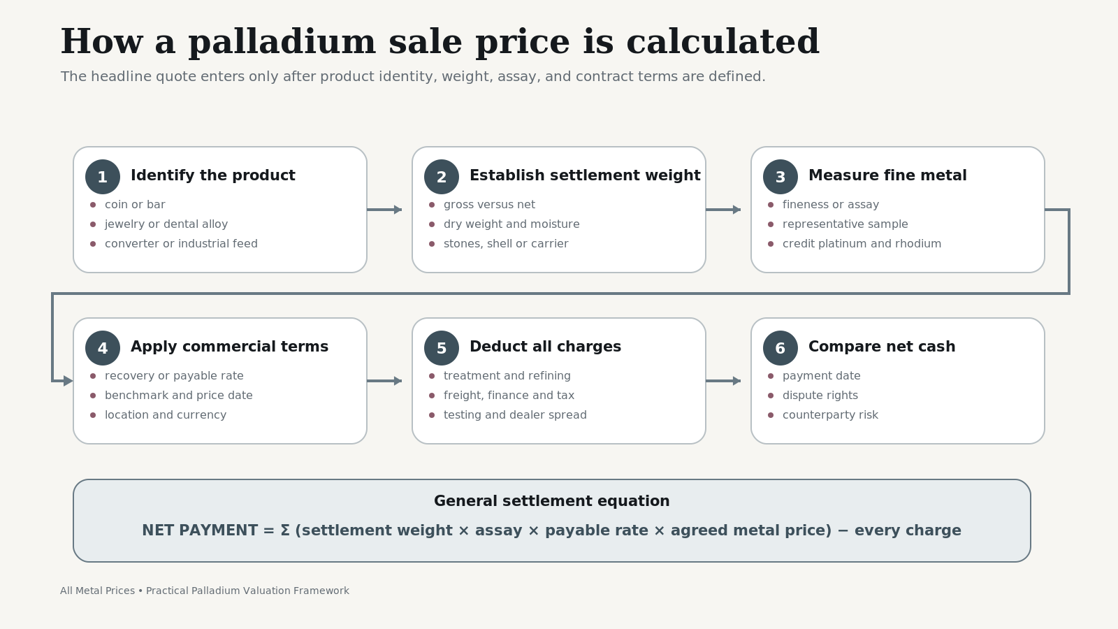 Decision diagram showing how palladium sale price is calculated differently for bullion, jewelry, catalytic converters, and industrial material.