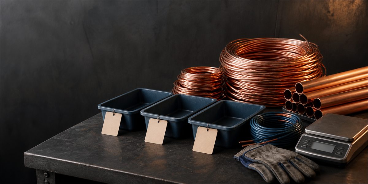 Sorted copper wire, tubing, cable, empty trays and a scale on a workbench