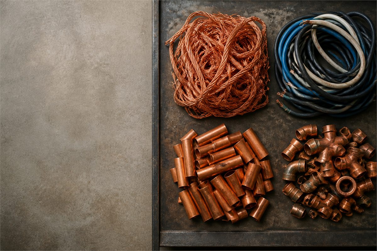 Original editorial illustration of an overhead workbench with separate containers for bare copper wire, insulated cable, copper tubing and fittings.