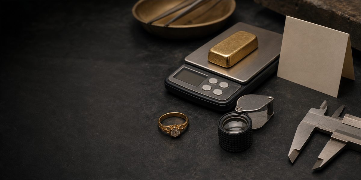An unbranded ring, bullion bar, loupe, scale and calipers arranged on a dark workbench