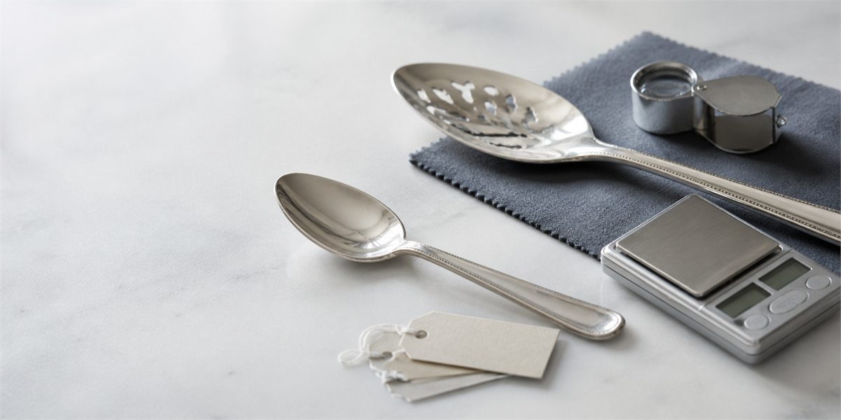 Silver-colored flatware, a loupe, blank inspection tags and a compact scale on a pale work surface